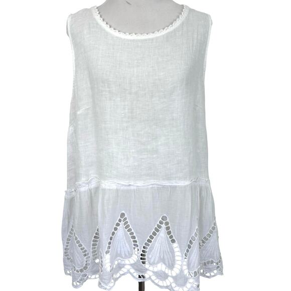 Spaziochic Tops - Made in Italy Linen White Sleeveless Tunic Top Size Large Eyelet Boho Peasant